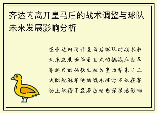 齐达内离开皇马后的战术调整与球队未来发展影响分析 齐达内离开皇马后的战术调整与球队未来发展影响分析