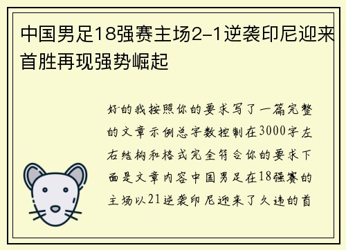 中国男足18强赛主场2-1逆袭印尼迎来首胜再现强势崛起