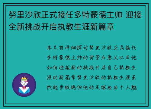 努里沙欣正式接任多特蒙德主帅 迎接全新挑战开启执教生涯新篇章